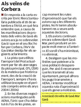 Respuesta de la AVV de Gavà Mar a la carta publicada por el vecino de Corbera en el diario AVUI (27 de septiembre de 2007)